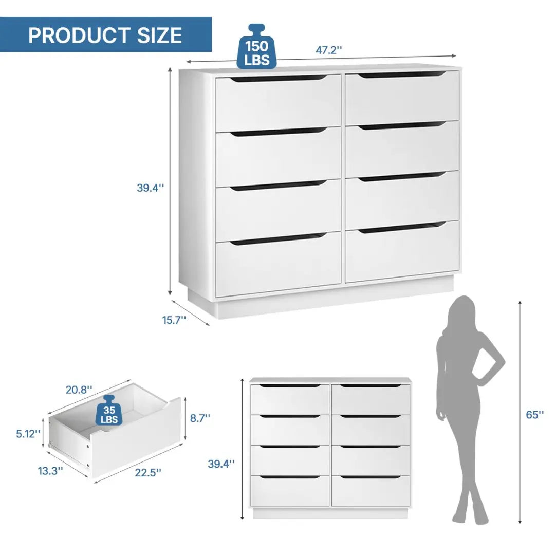 8 Drawers White Dresser for Bedroom, Modern Wood Chest of Drawers 8 Drawer Dresser with Groove Handles, for Living Room, Closet,