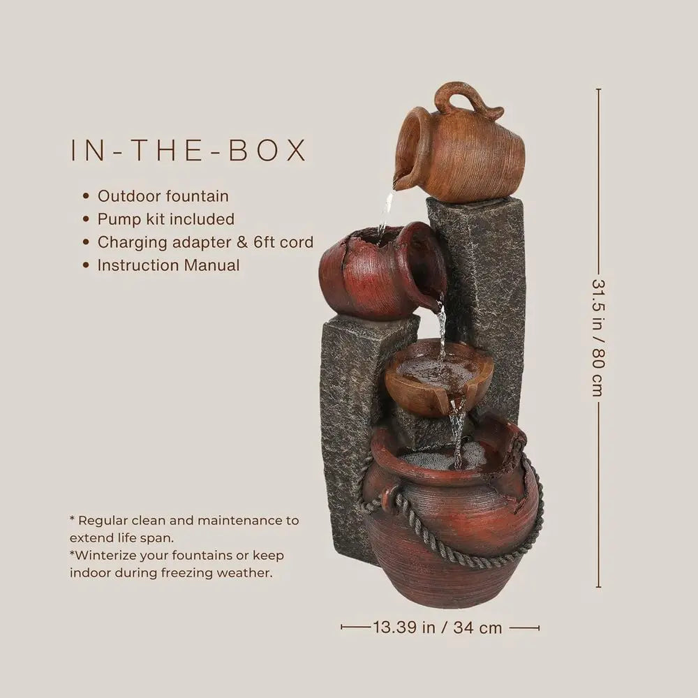 32 Farmhouse-Style Outdoor Water Fountain with Cascading Pitchers and Lights, Garden Decorative Water Feature