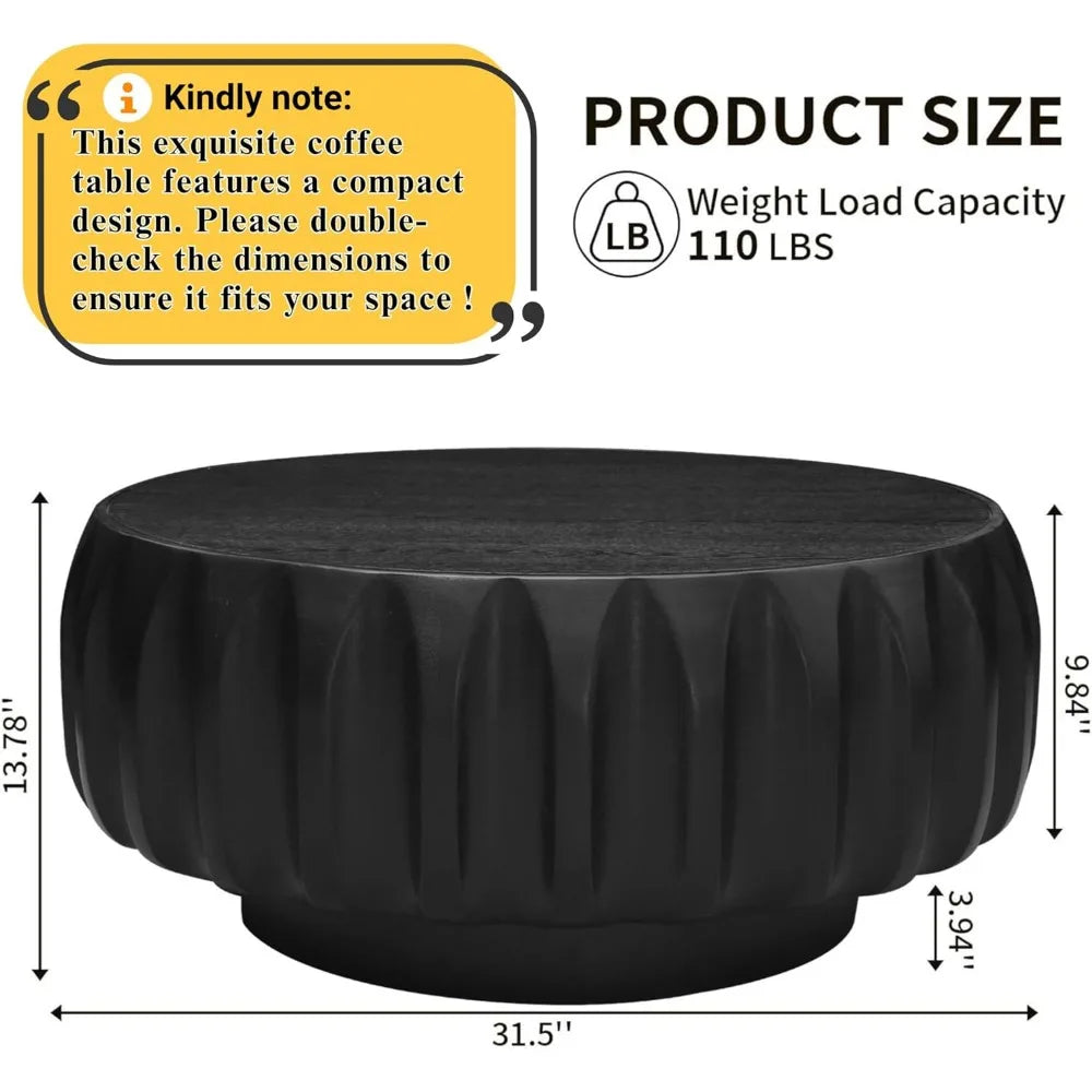31.5” Round Black Coffee Table – Mid-Century Modern Solid Wood Fluted Center Table