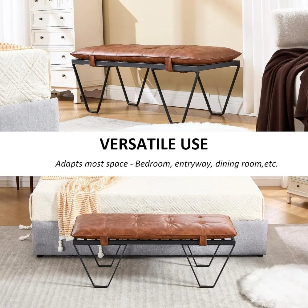 Modern Industrial Entryway Bench – PU Leather Upholstered End-of-Bed Ottoman