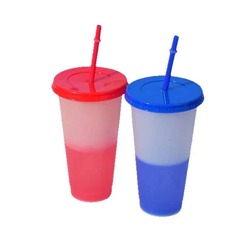 New 24oz 10Pcs Color Changing Cups with Lids and Straws 710ml Plastic Tumblers Cute Iced Coffee Cup Reusable Cups Bulk