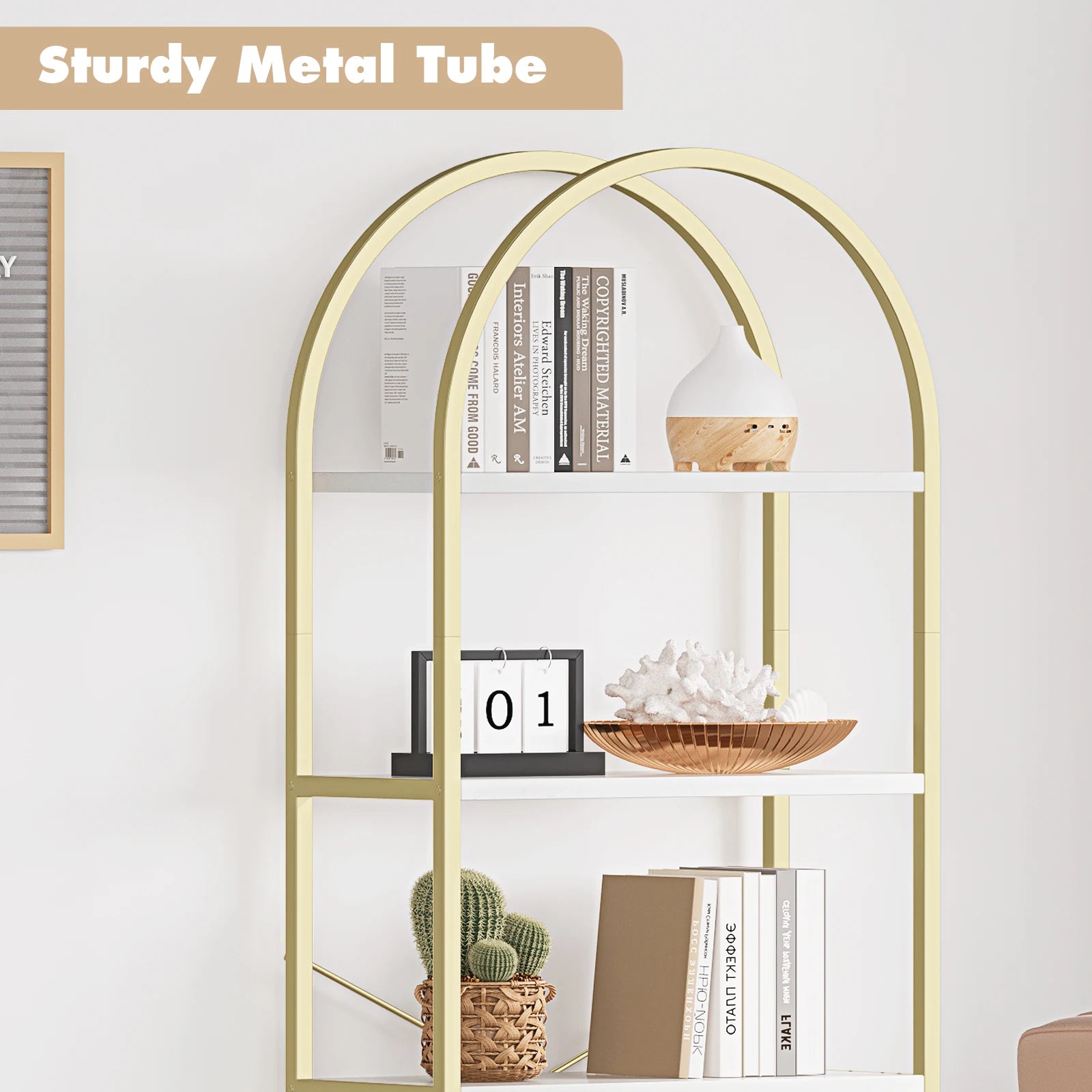 5-Tier Arched Bookshelf – Tall Standing Display Shelf with Metal Frame