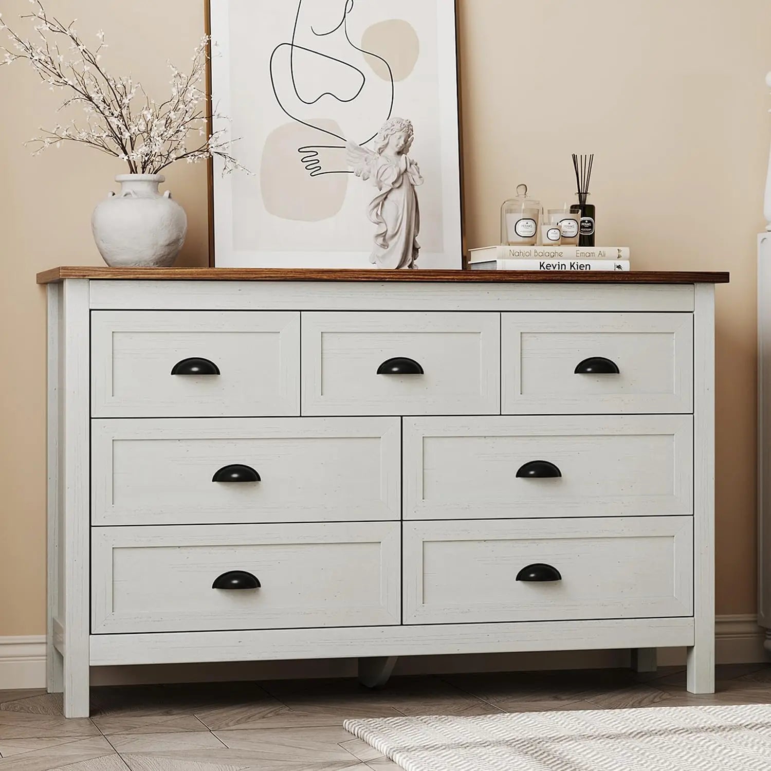 Farmhouse White Dresser for Bedroom, Wide Wood Dressers & Chests of Drawers with Vintage Black Handle, 7 Drawer Dresser