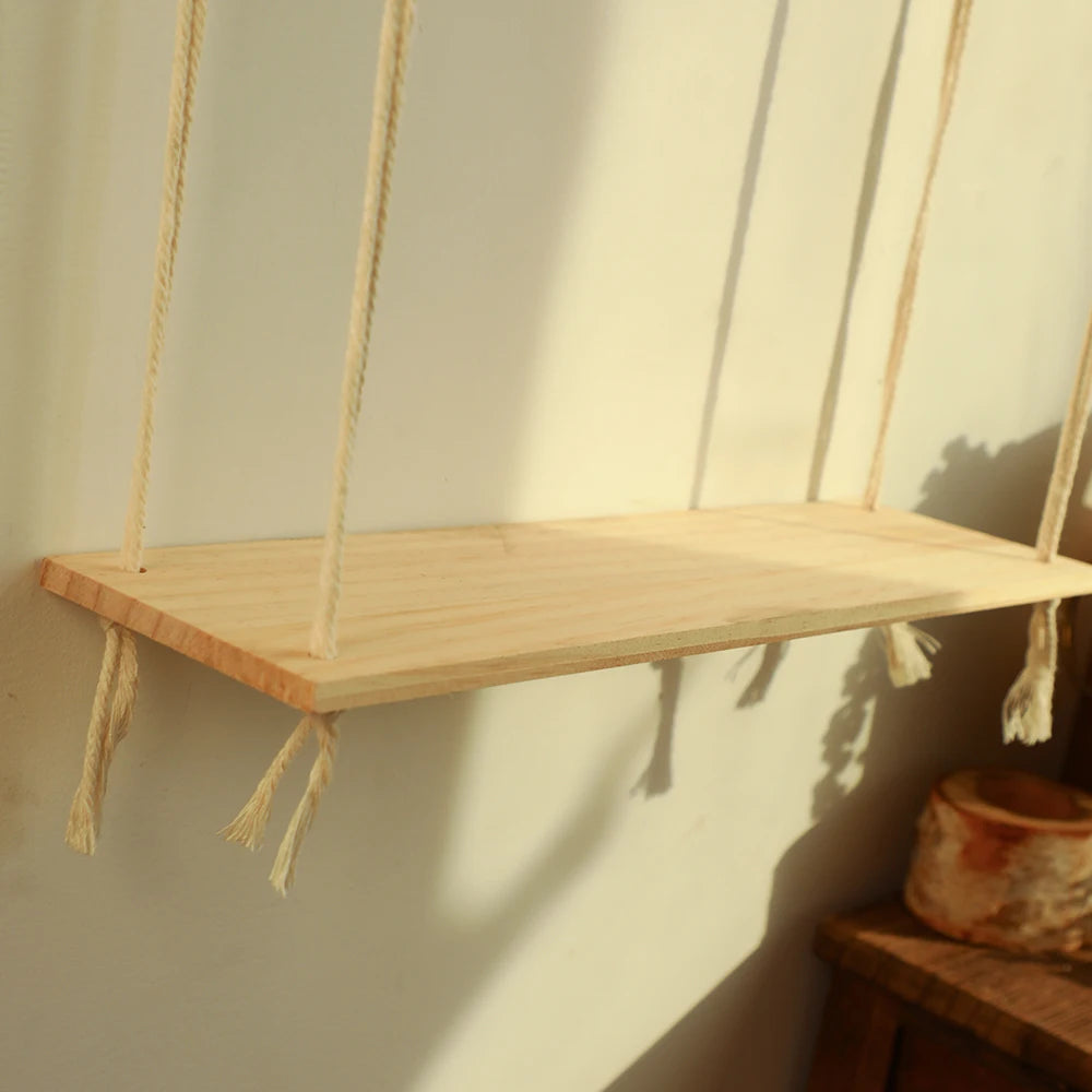 Macrame Hanging Shelf Wall Decor Handmade Rope Rustic Wood Floating Wall Shelf Display Stand Corner Wall Shelf For Photos Plant