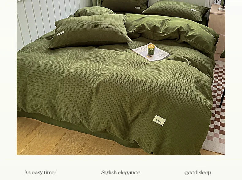 Simple Waffle Jacquard 100% Cotton Bedding Set Soft Comfortable Queen Duvet Cover Set with Sheets Quilt Cover and Pillowcases