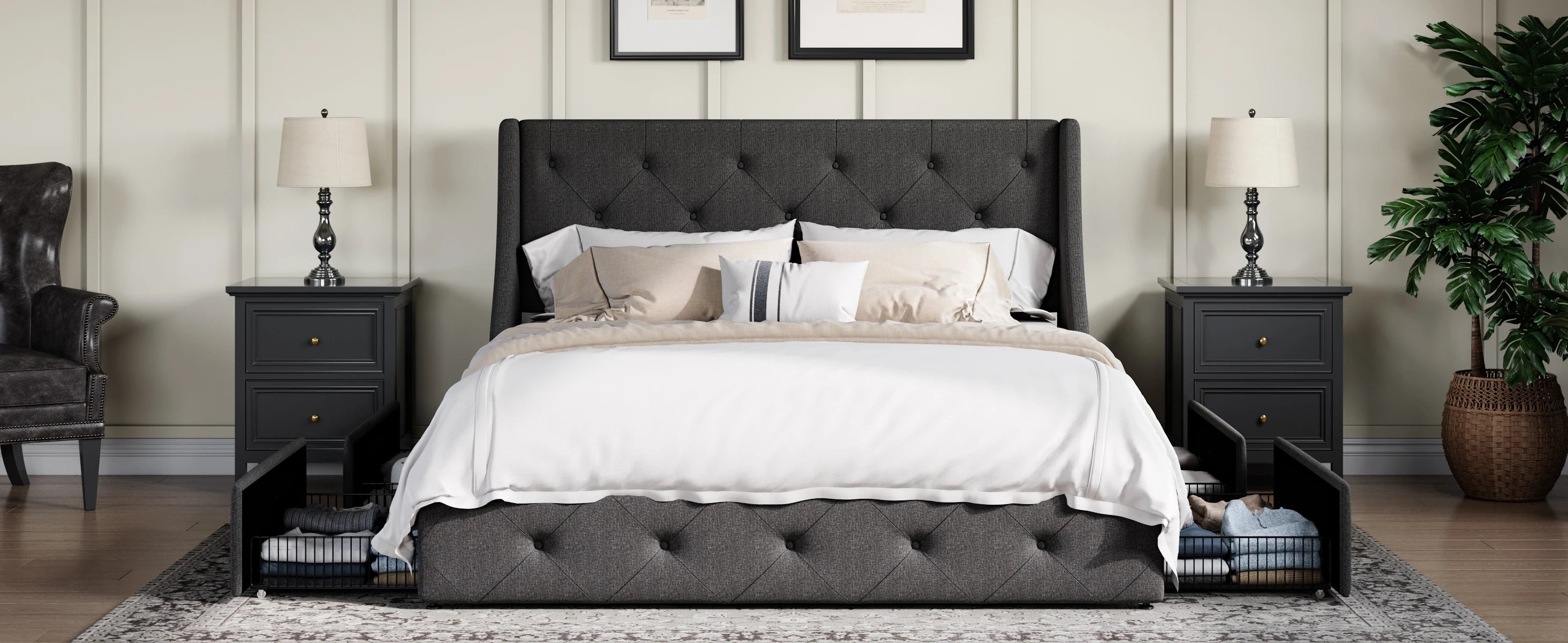 Upholstered Platform Bed Frame with 4 Storage Drawers – Wingback Button-Tufted Headboard