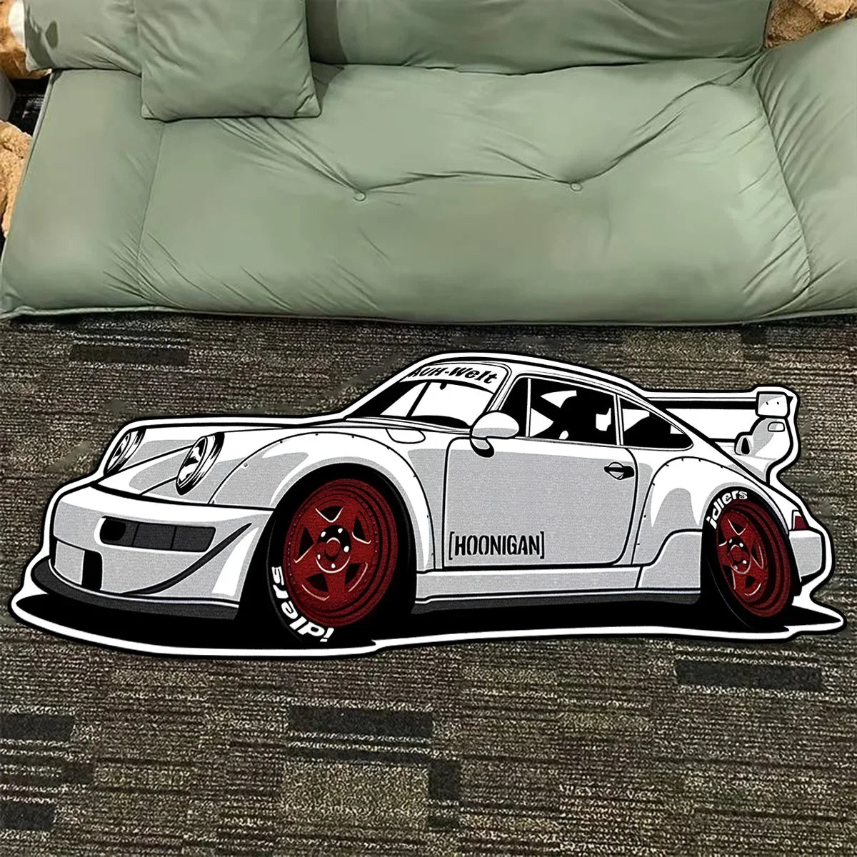 White Sports Car Rug, Boys' Room Decorative Floor Mat, Bedside Rug For Bedroom, Durable And Easy-To-Clean Home Decor