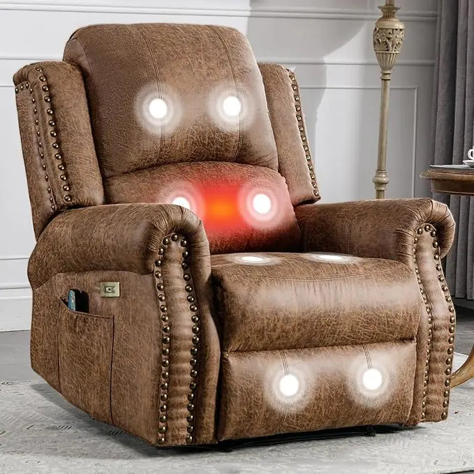 Classic Power Recliner Chair with Massage and Heat, Breathable Faux Leather Electric Recliner with USB Port, Overstuffed Reclini