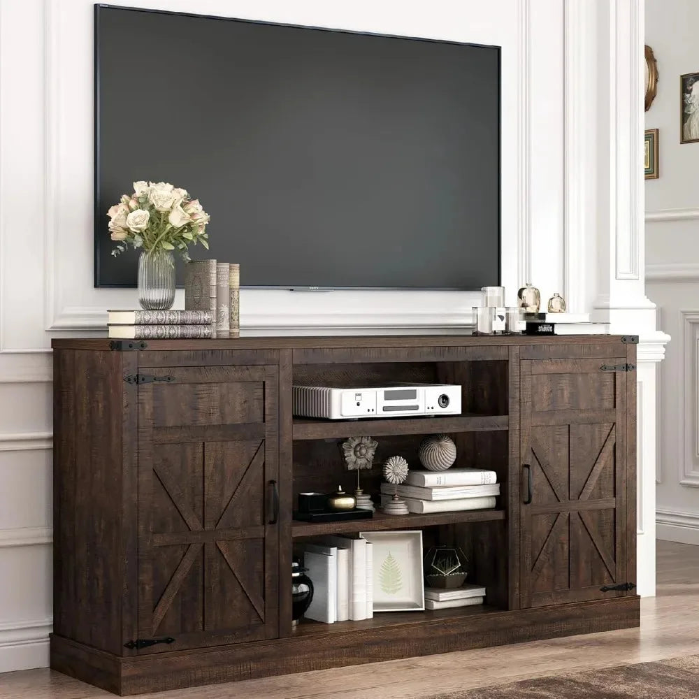 66 Inch Farmhouse TV Stand with Power Outlets for 75 Inch TVs 33 Tall Entertainment Center with Storage Cabinets Adjustable Shel