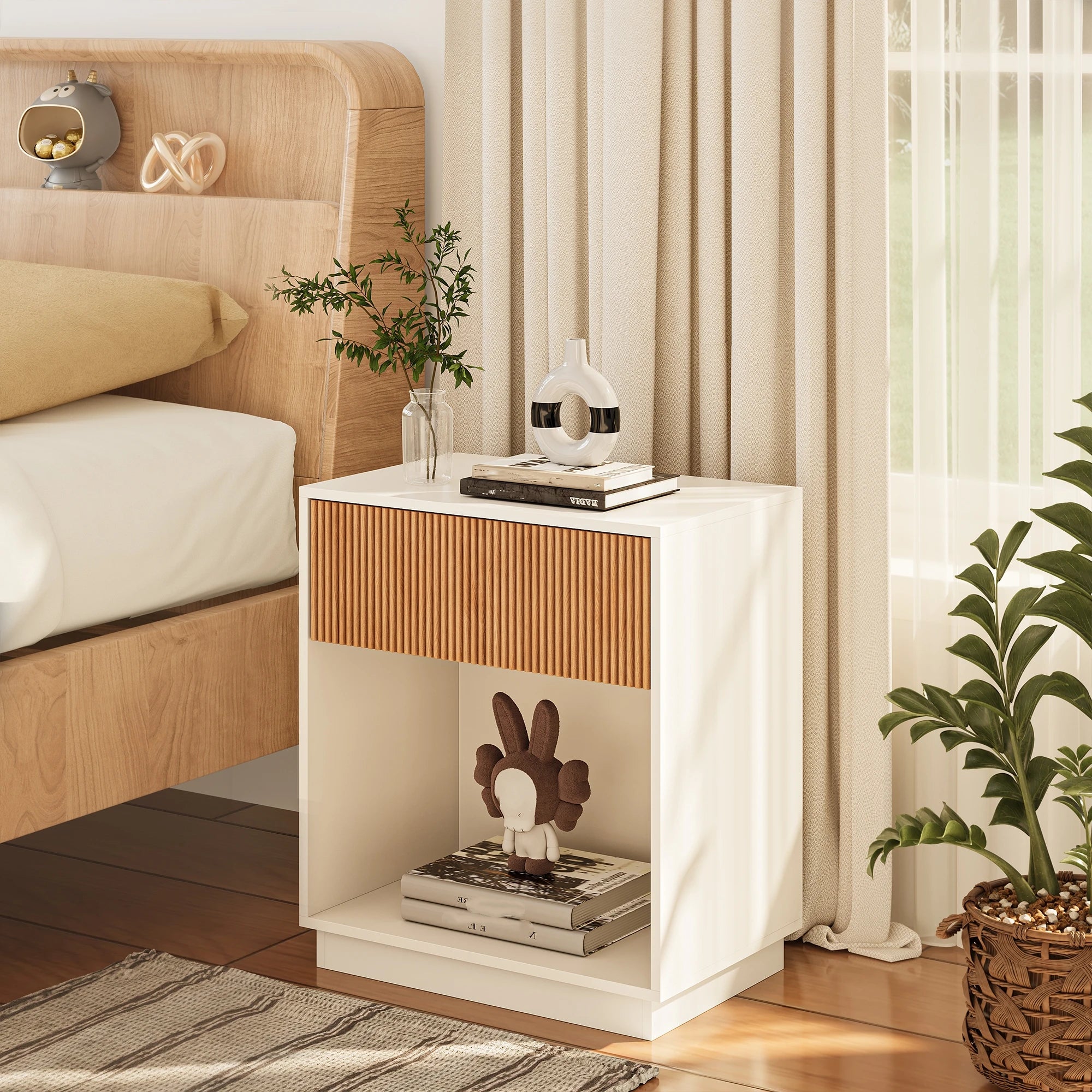 Fluted Nightstands Set Of 2, Modern Mid - Century Wood Bedside Table With Drawer & Open Storage Shelf, End Table For Bedroom, Li