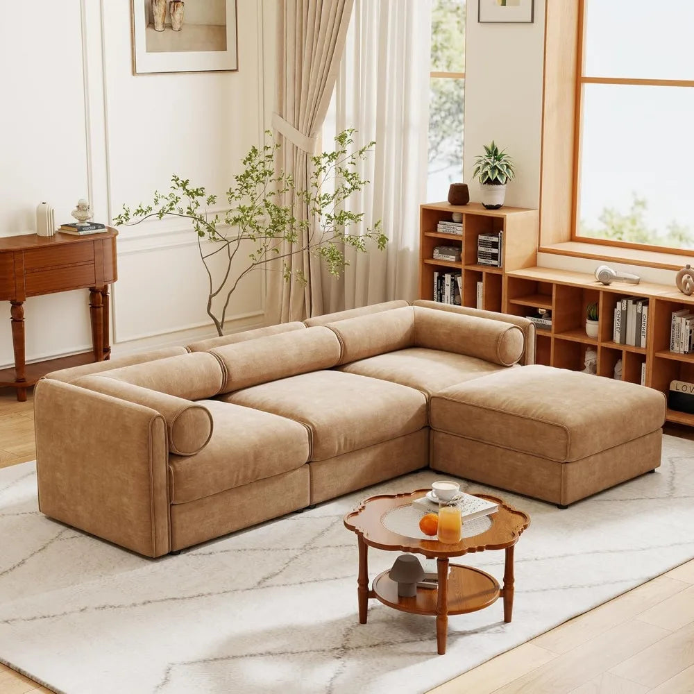 Camel L-Shaped Sectional Sofa – 109″ Modular 3-Seat with Storage