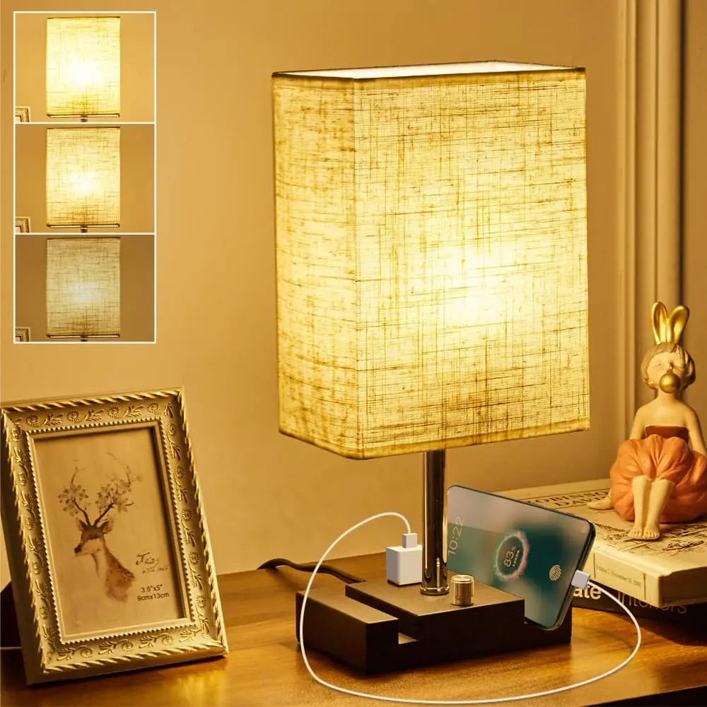 Fully Dimmable Bedside Lamps for Bedroom with Two Phone Stands,Wooden Desk Lamp for Table Living Room Reading Light Home Decor
