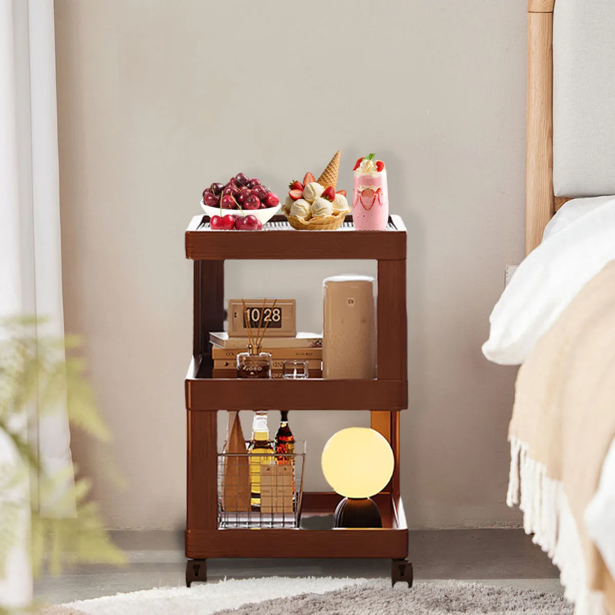 Geometric 3-Tier Bamboo Storage Side Table with Acrylic Surface & Wheels, Tea Brown Living Bedroom Furniture