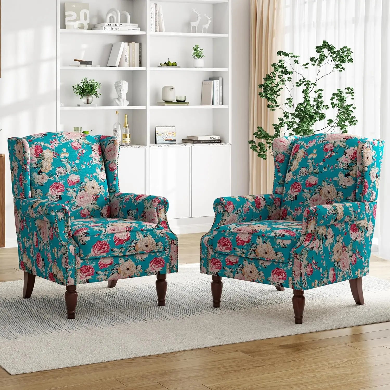 Floral Accent Chairs – Set of 2 High-Back Retro Wingback Armchairs