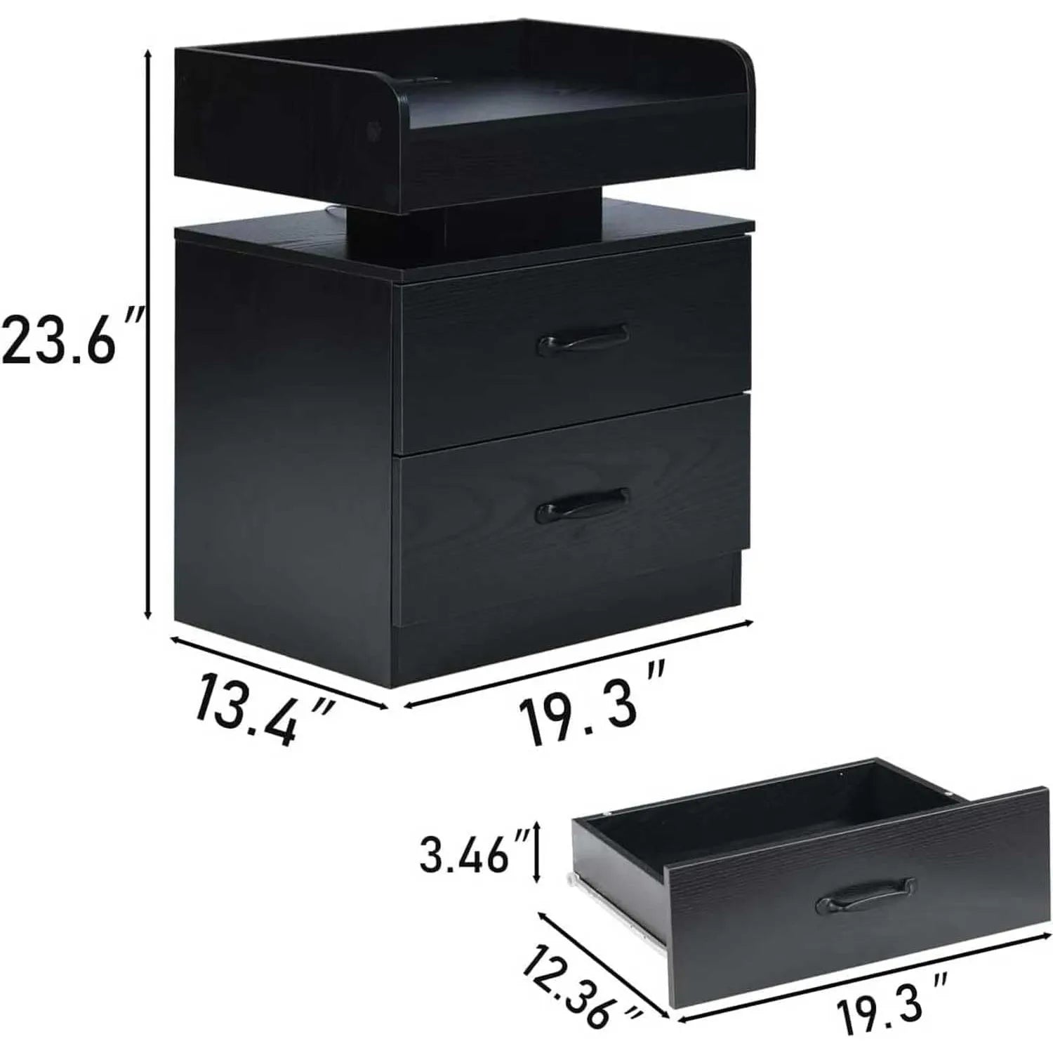 Black Nightstand with Charging Station, Bedside Table for Bedroom, LED Nightstand, Modern Night Stand with Drawers, Black