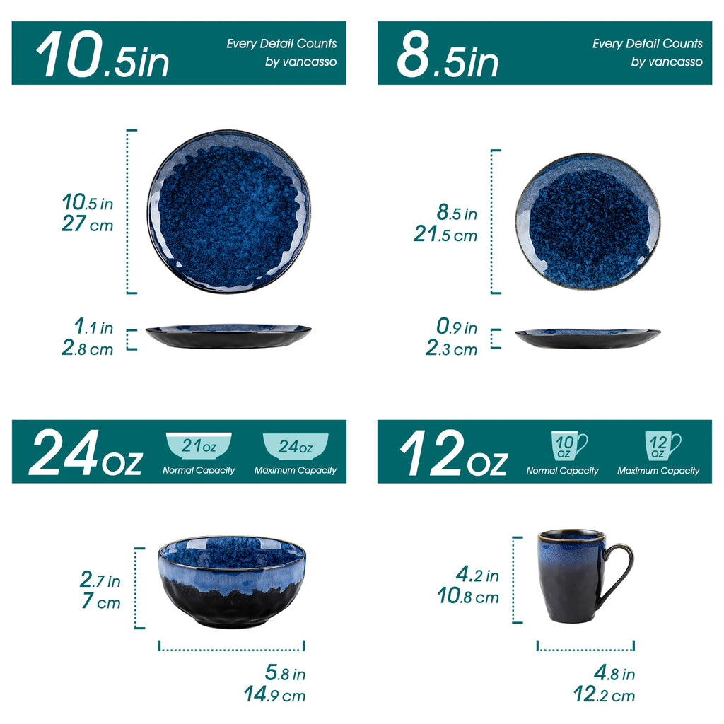 vancasso Starry Blue Reactive Glaze Dinnerware Set – 16, 32, or 48 Piece Ceramic Tableware Collection