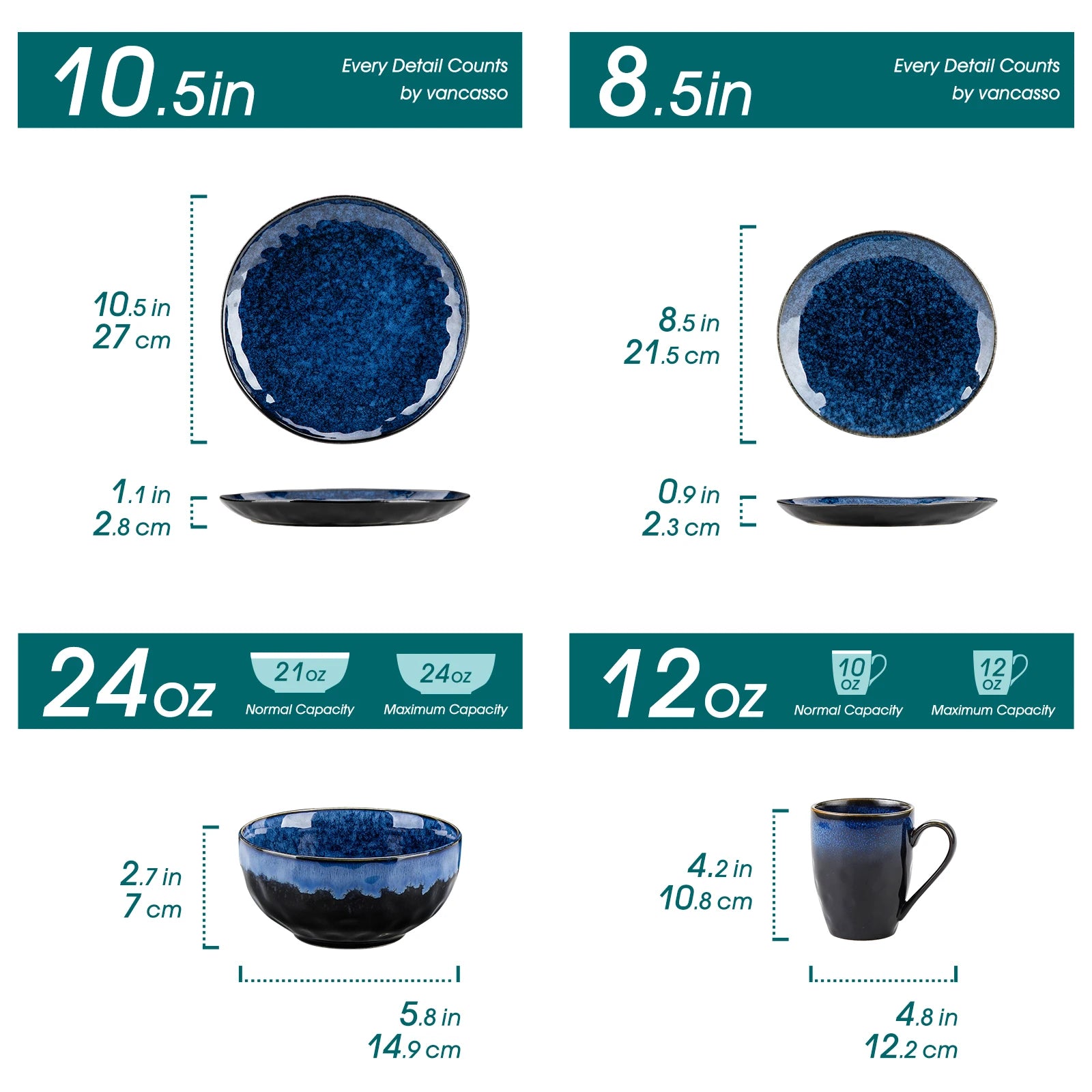 vancasso 16/32/48-Piece Starry Blue Dinner Set,Kiln Change Glaze Tableware Dinner Set with Dinner Plate,Dessert Plate,Bowl,Mug