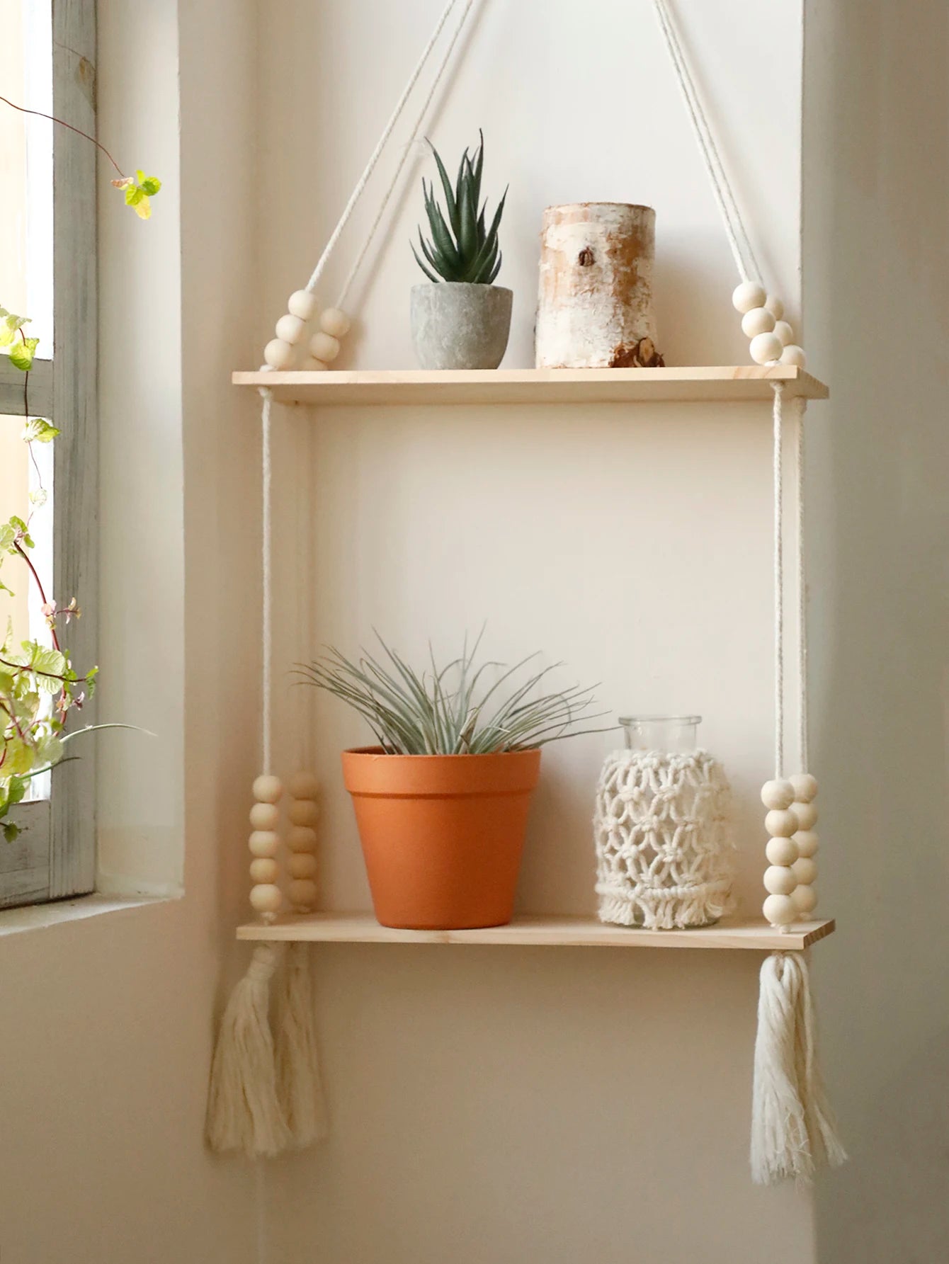 Macrame Hanging Shelf Wall Decor Handmade Rope Rustic Wood Floating Wall Shelf Display Stand Corner Wall Shelf For Photos Plant