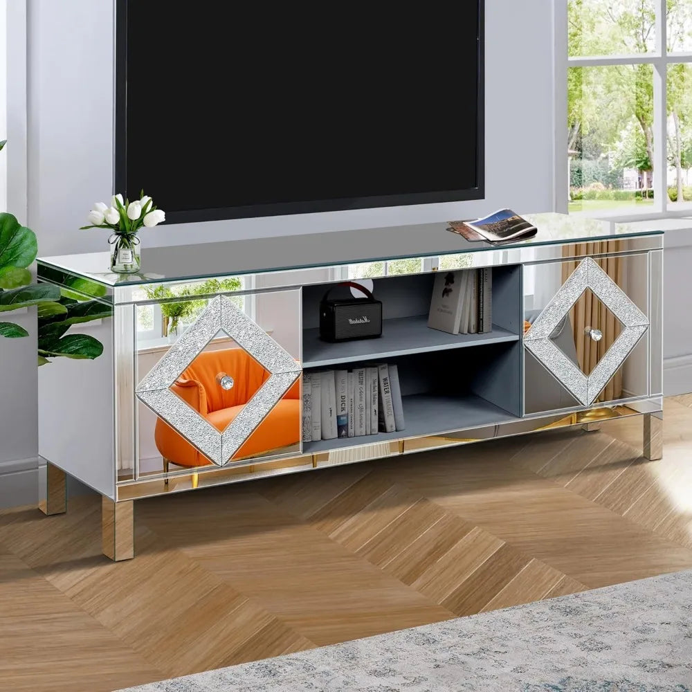 Mirrored TV Stand, Silver TV Cabinet with 2 Storage Cabinets and Open Shelves, 60" TV Cabinet for Living Room, Entertainment Cen