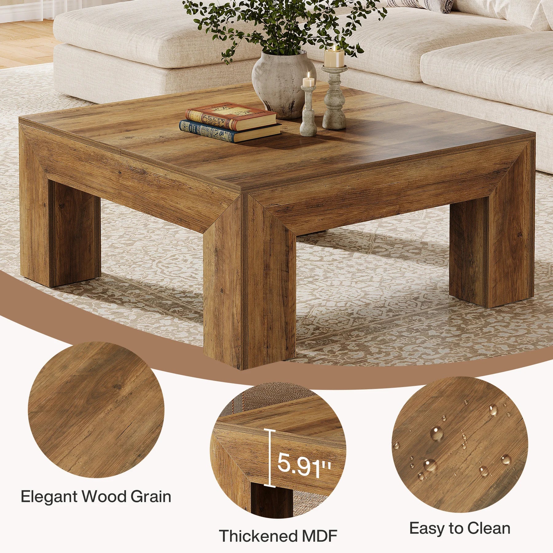 Tribesigns 39.4-Inch Square Farmhouse Coffee Table – MDF Accent Center Cocktail Table with Sturdy Wooden Legs
