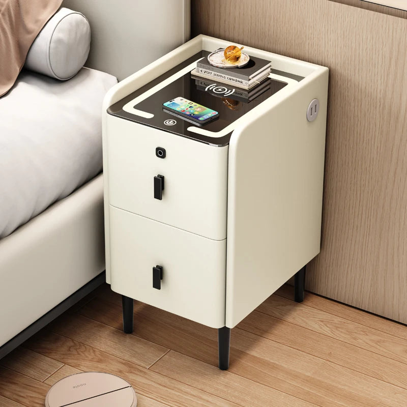 Ultra Narrow Smart Nightstand Luxury Bedside Table Minimalist Solid Wood Storage Cabinet Compact Bedroom Organizer with Charging