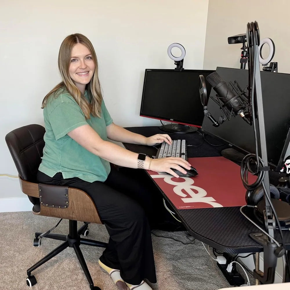 Ergonomic Walnut Desk Chair with Adjustable Height and Caster Wheels, Featuring Curved Back and Arms, Faux Leather Upholstery
