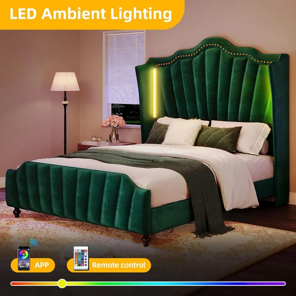 Queen Size DWVO Platform Bed Frame – Velvet Wingback Headboard & Footboard with LED Lighting