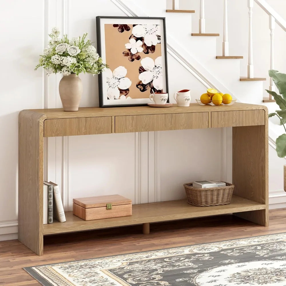 Modern Fluted Console Table with 3- Drawer, Rustic Farmhouse Entryway Table, Round Edge Sofa Table Design with Vertical Slats fo