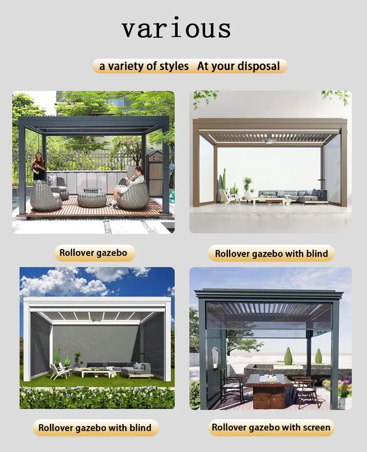 Electric Adjustable Bioclimatic Louvered Motorized Aluminous Waterproof Outdoor Living Garden Pergolas Gazebo Sunroom Pavilion