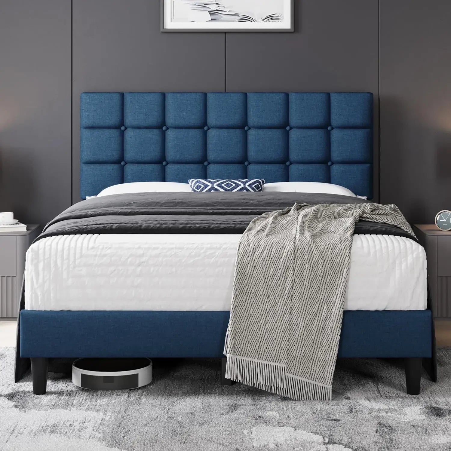 Modern Full Size Upholstered Platform Bed Frame – Square-Stitched Button Tufted Headboard