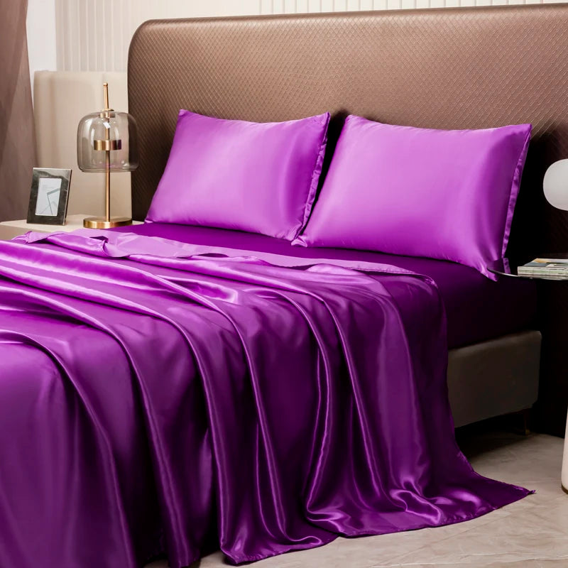 Opulent Solid Color Satin Bedding Set,Includes Flat Sheet, Fitted Sheet, Pillowcases,Luxury Linens for a Royal Sleep Experience