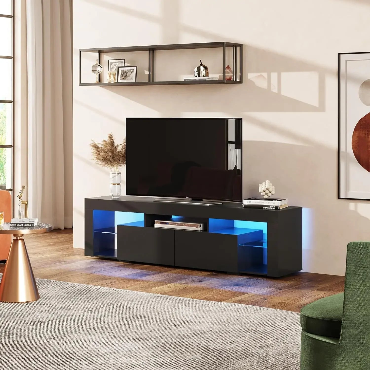 63 Inch TVs Stand, LED Entertainment Center for 60 To 70 Inch TV, Modern TV Console with 2 Drawers, TVs Stands