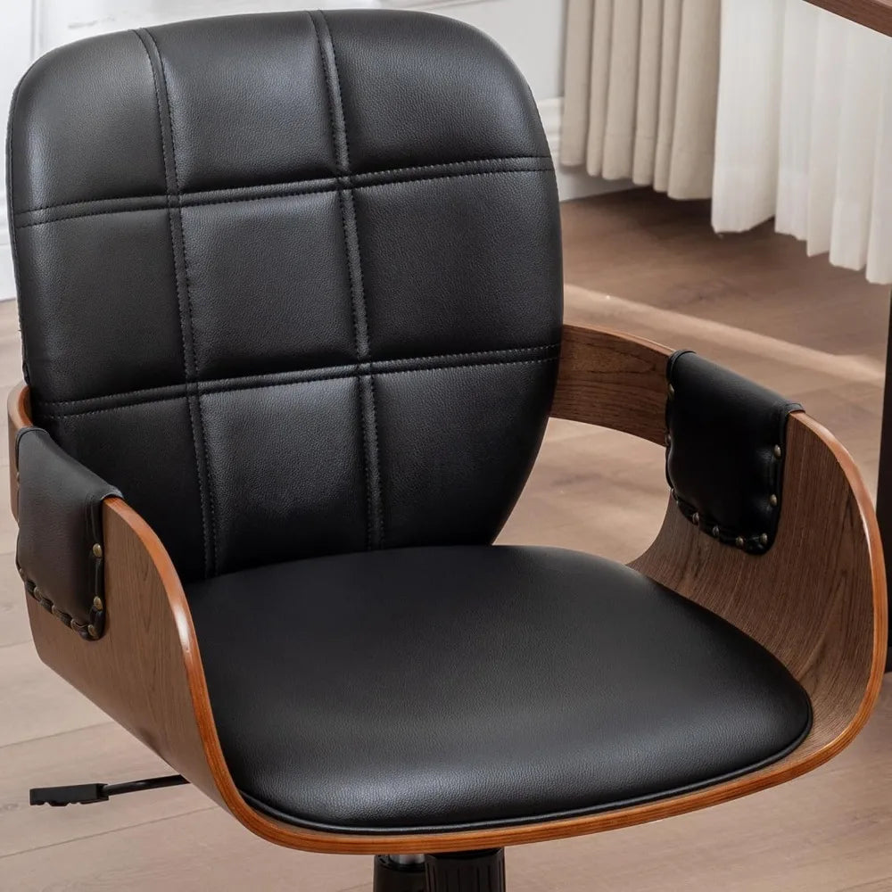 Ergonomic Walnut Desk Chair with Adjustable Height and Caster Wheels, Featuring Curved Back and Arms, Faux Leather Upholstery
