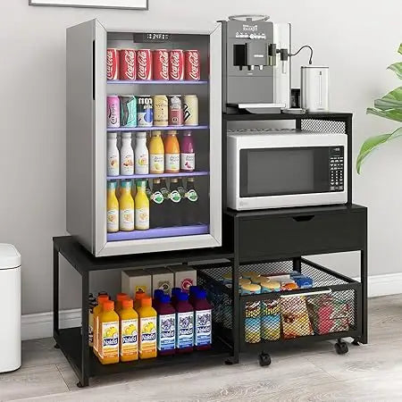 Puncia Mini Fridge Stand with Storage – Coffee Bar Cabinet with Power Outlet & Drawer