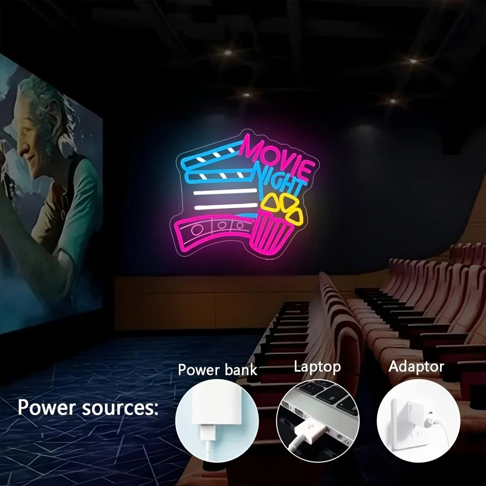 Movie Night LED Neon Sign Popcorn Neon Light for Gameroom Bedroom Bar Livingroom Birthday Party USB Dimmable Wall Decor Gift