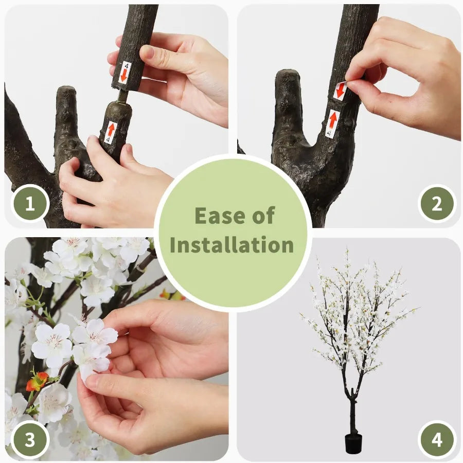 6ft 74in Tall Faux White Cherry Blossom Tree with Realistic Silk Flowers in Pot for Indoor and Outdoor Home Decor Perfect for W