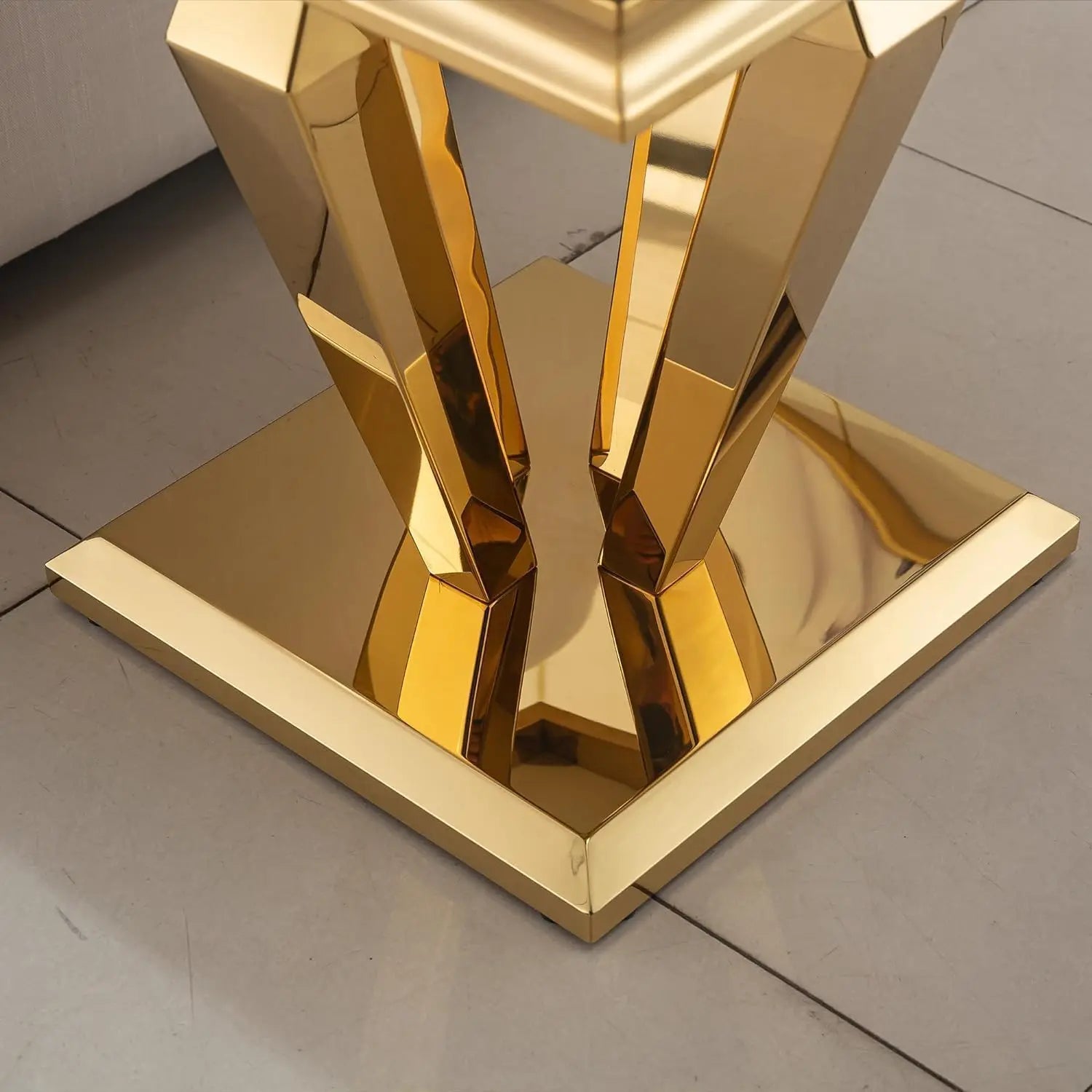 White Marble Side Table Small End Table with Stainless Steel Diamond-Shaped Base,Faux Marble Living Room Side Table, Night Stand