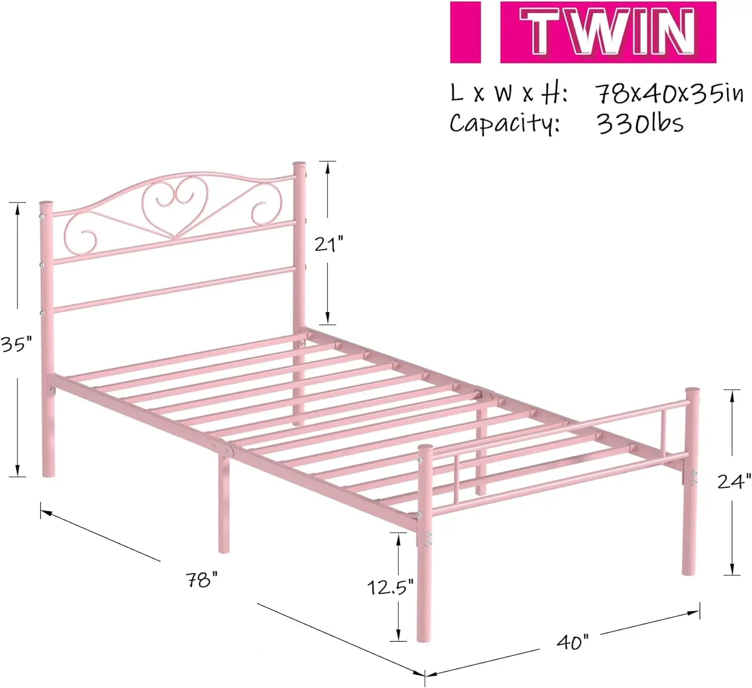 14″ Twin Metal Platform Bed Frame with Headboard – Heavy-Duty Support (Pink)
