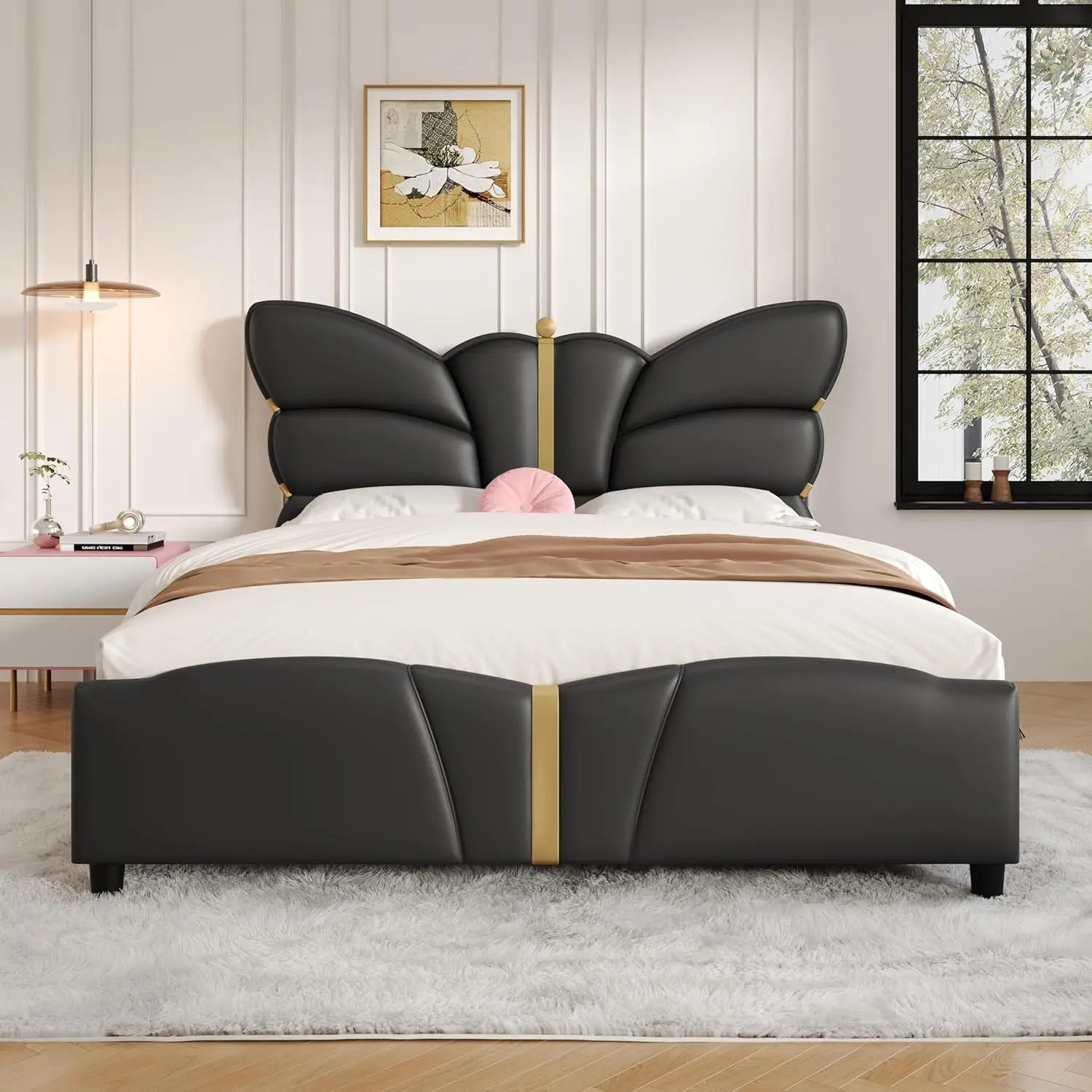 Faux Leather Platform Bed Frame – Butterfly-Shaped Headboard & Footboard (800 lb Support)