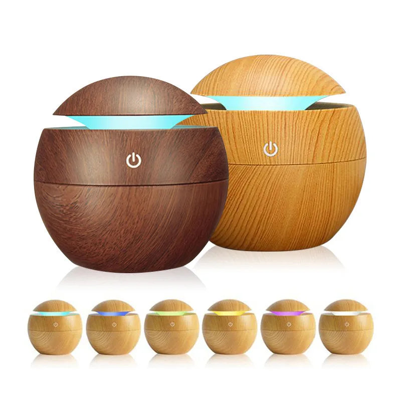 200ml USB Small Ball 7 Colorful Light Bass Noise Reduction Mushroom Humidifier Mini Wood Grain Round Hollow Aroma Diffuser