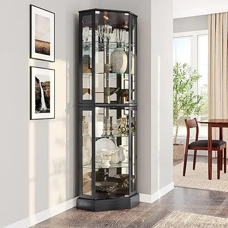 Illuminated 3-Sided Glass Display Cabinet – Curved Wood Corners with Tempered Shelves
