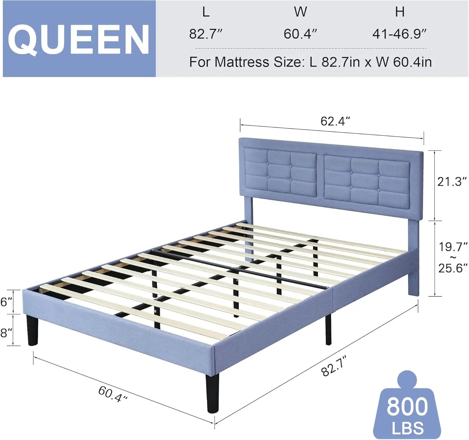 Queen Size Upholstered Platform Bed Frame with Adjustable Headboard (Light Blue)