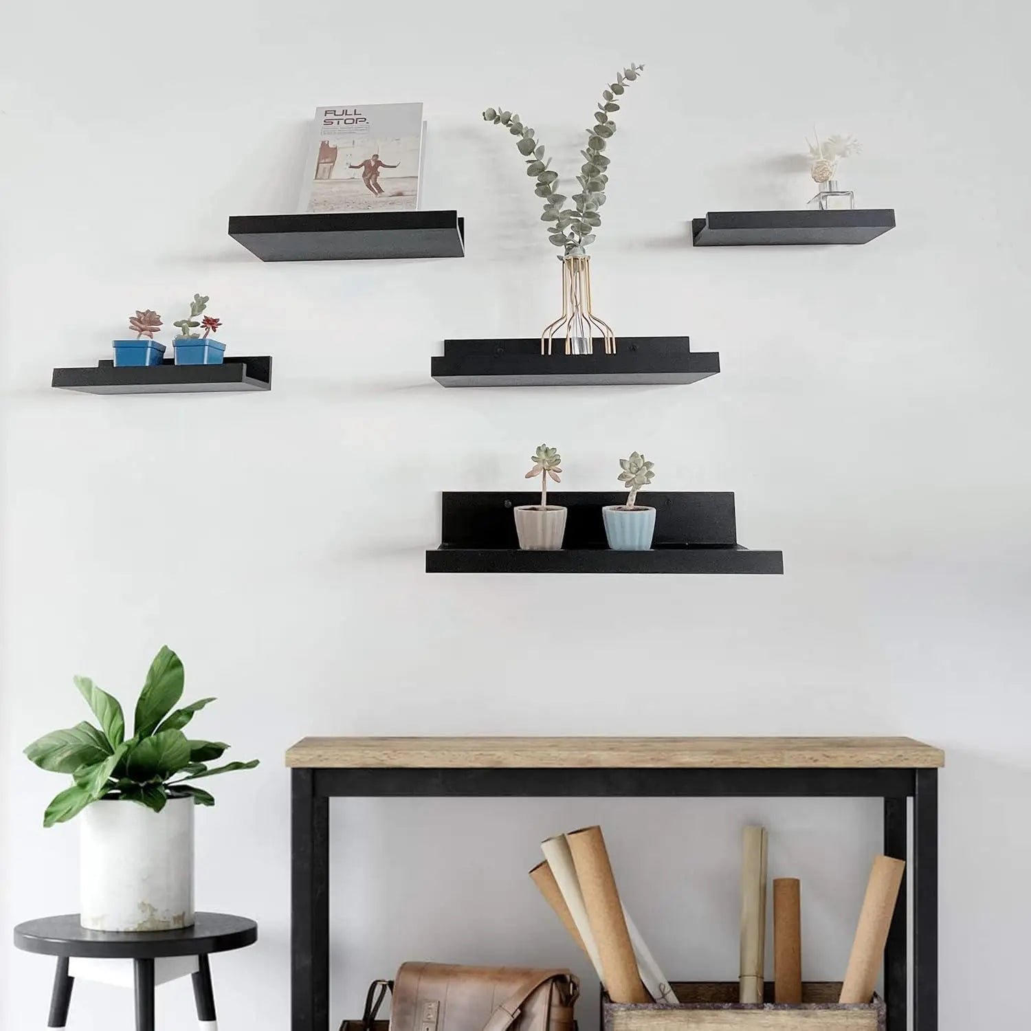 Black Floating Shelves | Set of 5 | Wall Shelf | Wood Bathroom Shelves | Bedroom | Living Room | Kitchen | Office & More (Black