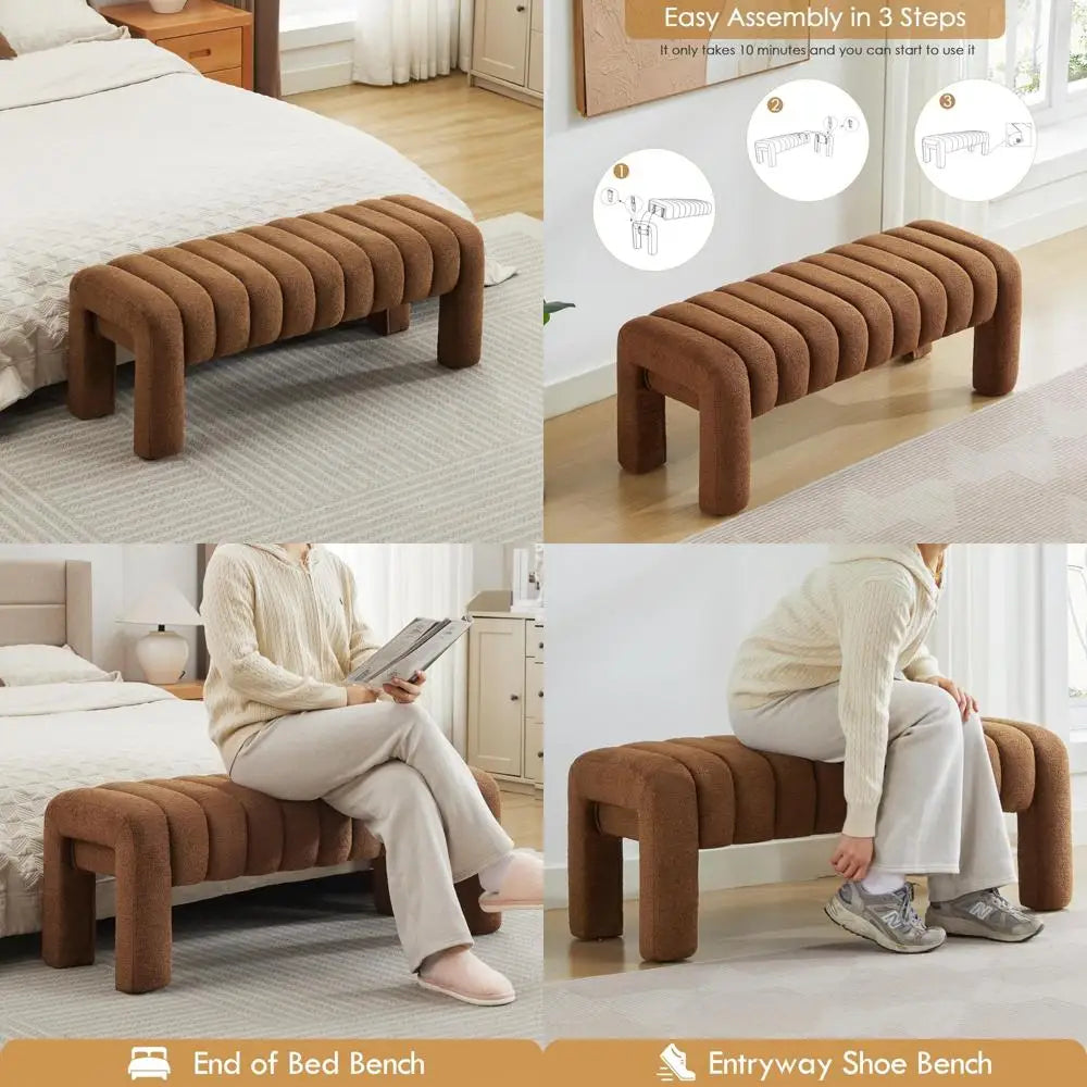 Upholstered Sherpa Bench – Rust Brown Padded Ottoman