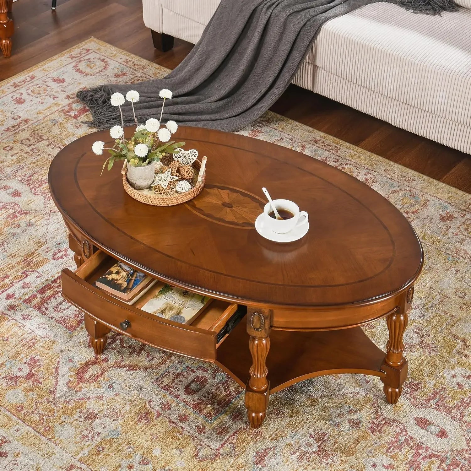 Cherry Solid Wood Oval Coffee Table – Victorian Antique Vintage Style with Storage Drawer