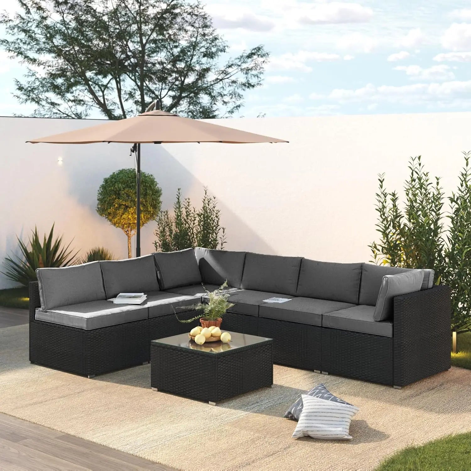 7 Piece Patio Furniture Set, Outdoor Couch Set—All-Weather Outdoor Furniture Sectional w Water Resistant Thick Cushions, Patio