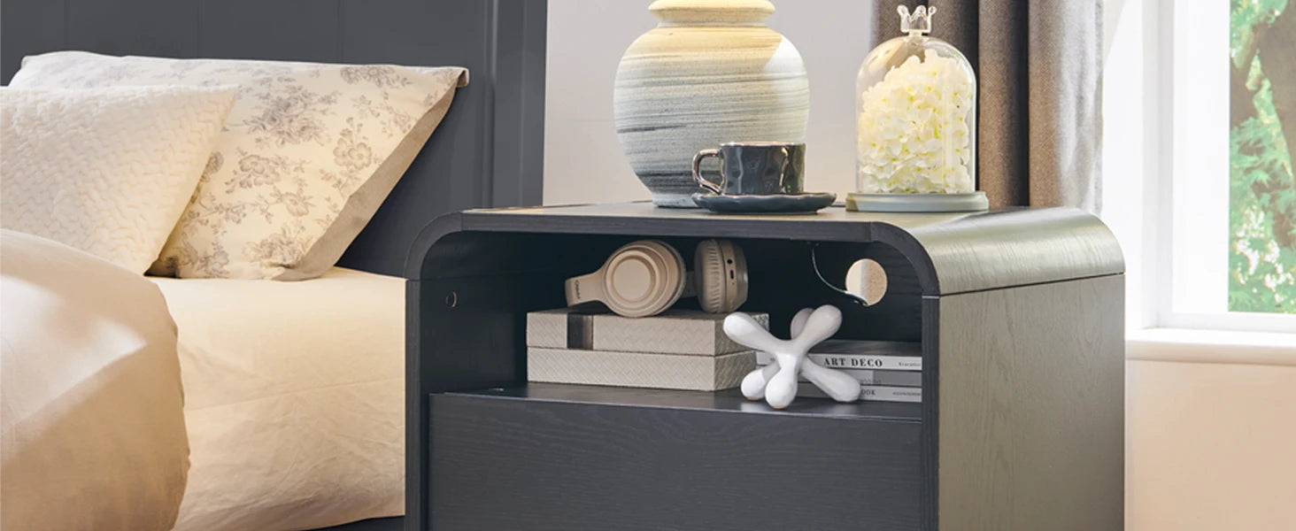 25" Tall Modern Nightstand with Charging Station, 23.6'' Wide Wood Bedside Table w/2 Storage Drawers,for Bedroom, Living Room