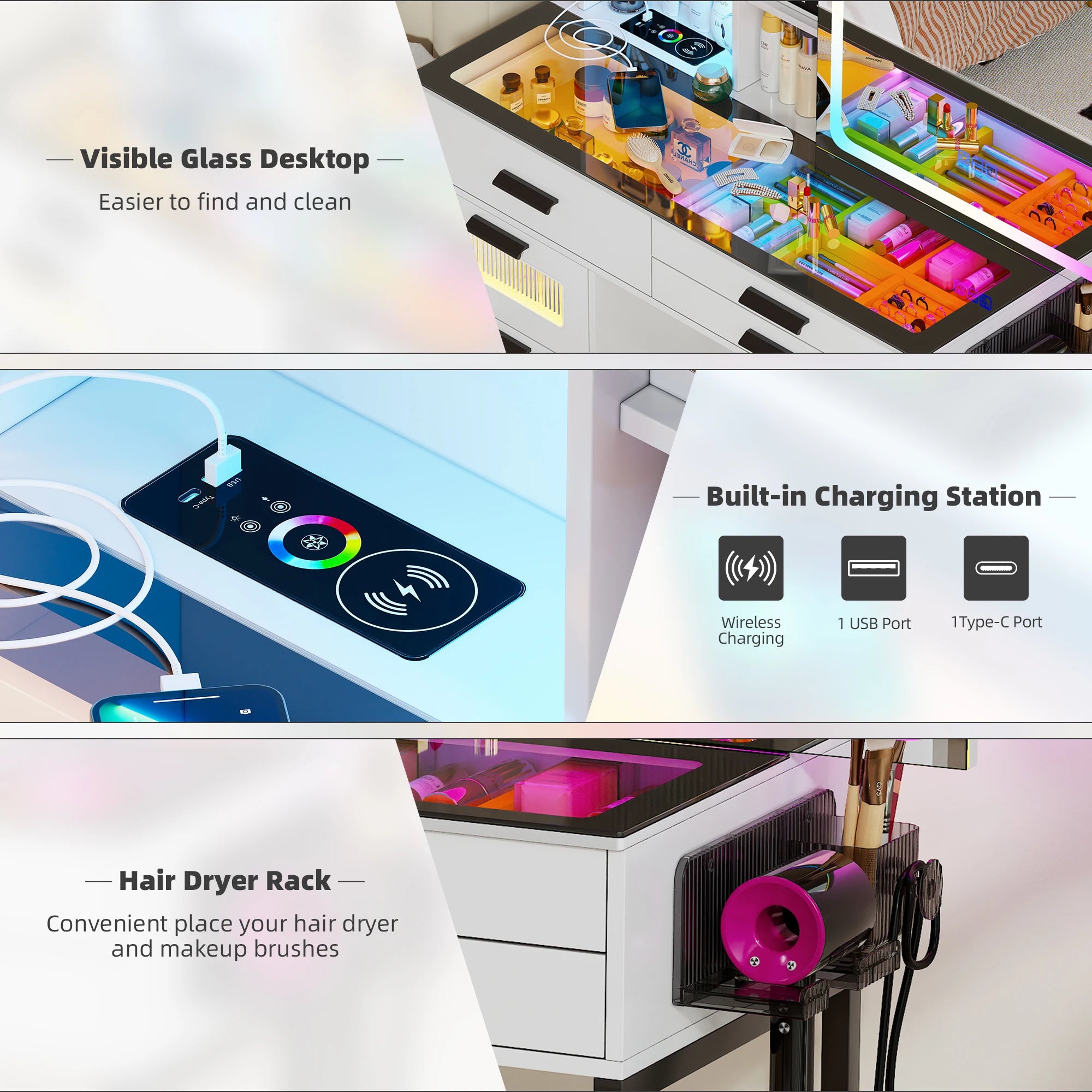 JDPAG RGB Vanity Desk with Sliding Mirror and Lights, LED Makeup Vanity with Charging Station, Glass Top Vanitys Dressing Table