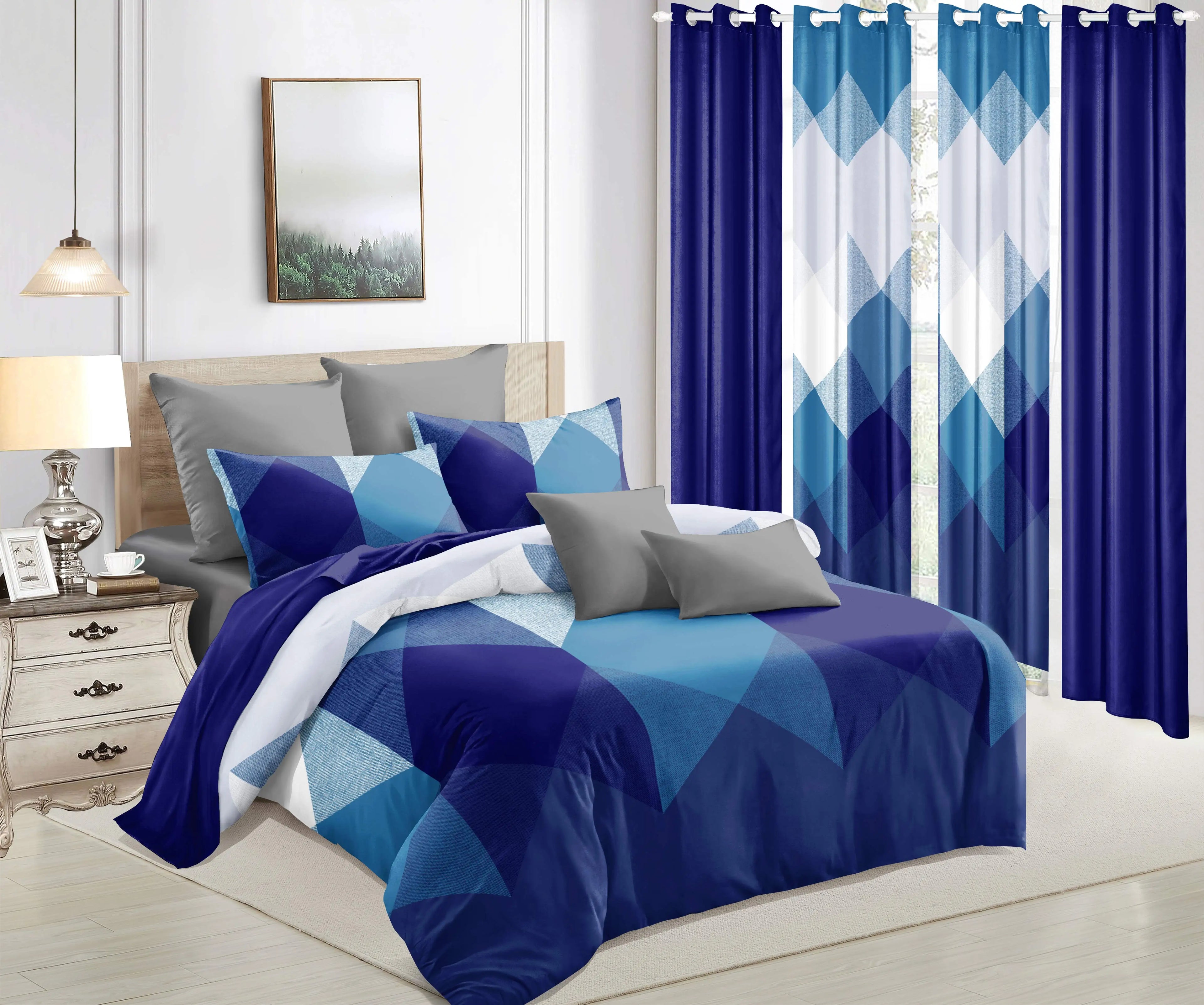 9-Piece Bedroom SetScandinavian Cottage Home Decor, Bedding Comforter Sets Charcoal Blue and White Cal King Size