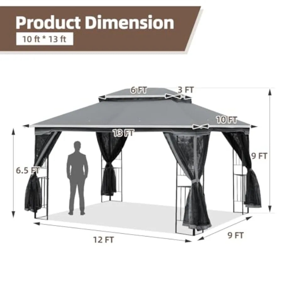 Outdoor Patio Gazebo 10'x13' Heavy Duty Canopy Tent with Metal Corner Frame Shelves Soft Double Roofs Party Tent Shelter with M